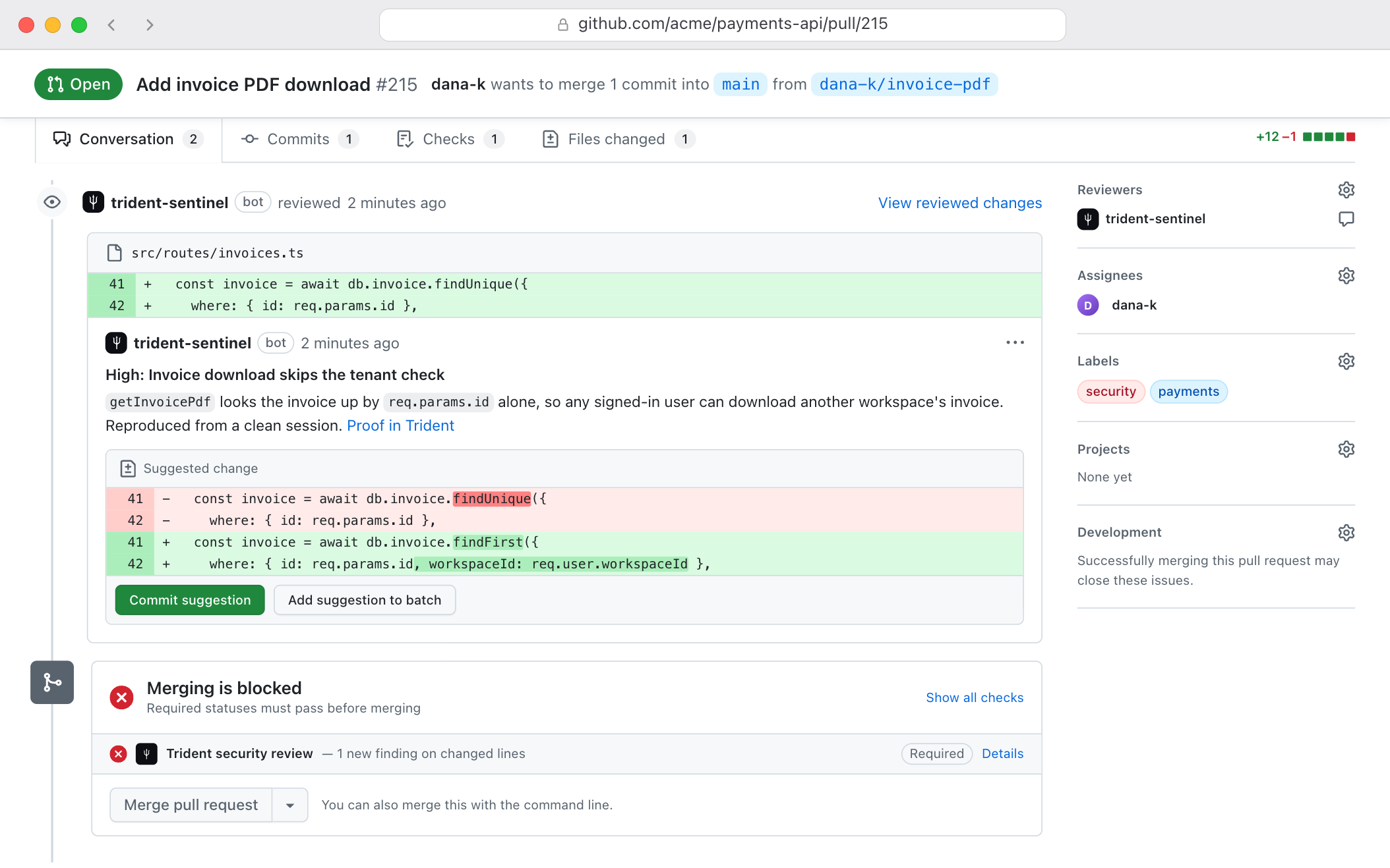 GitHub pull request #215 in acme/payments-api: trident-sentinel flags the tenant check on line 42 with a suggested change, and the required Trident security review check blocks the merge.