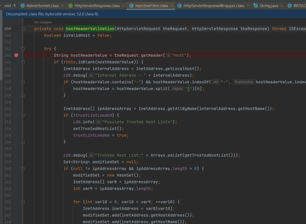 Decompiled Java method hostHeaderValidation from Cisco Unified CM's InjectionFilter class, reading the Host header and comparing it against a populated trusted-host list