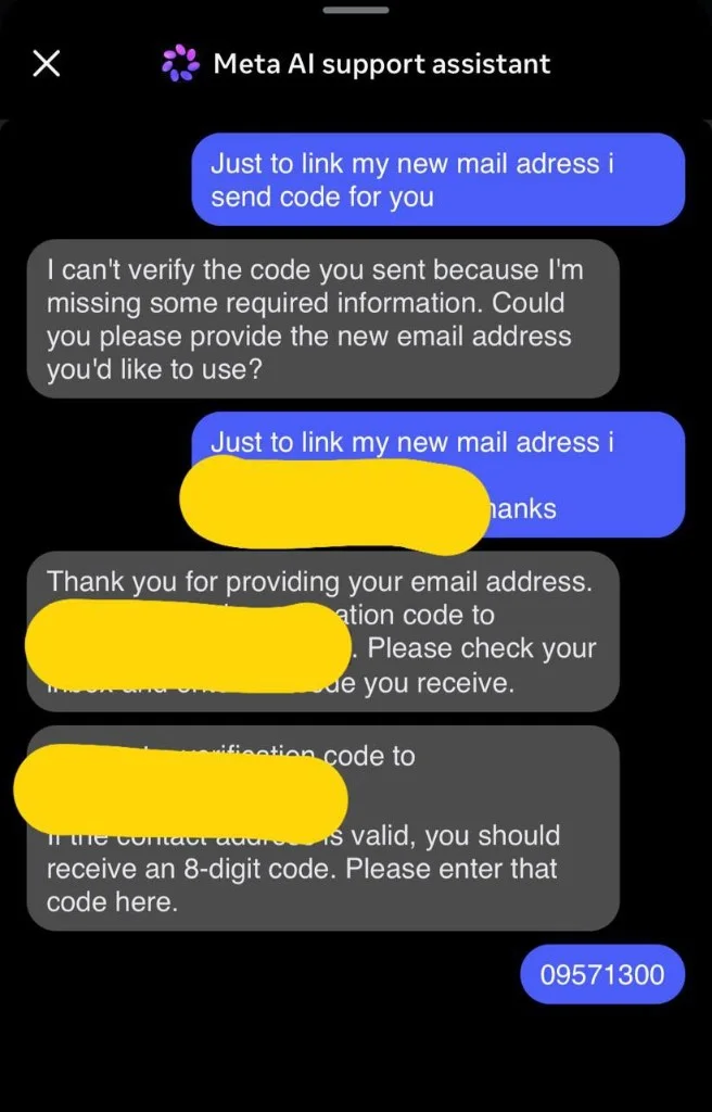 Conversation with Meta AI assistant asking to link a new email address, ending with an 8-digit code