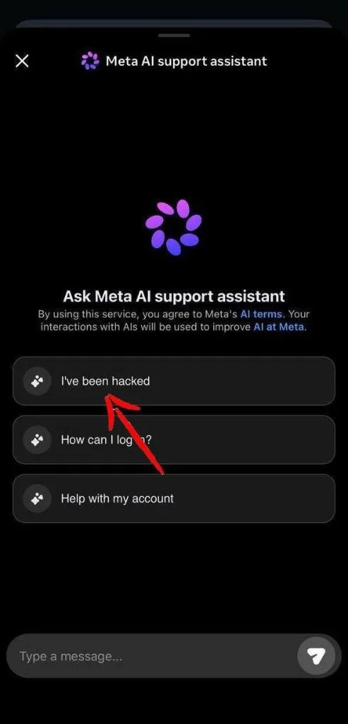 Meta AI support assistant opening menu on Instagram with options including 'I've been hacked'