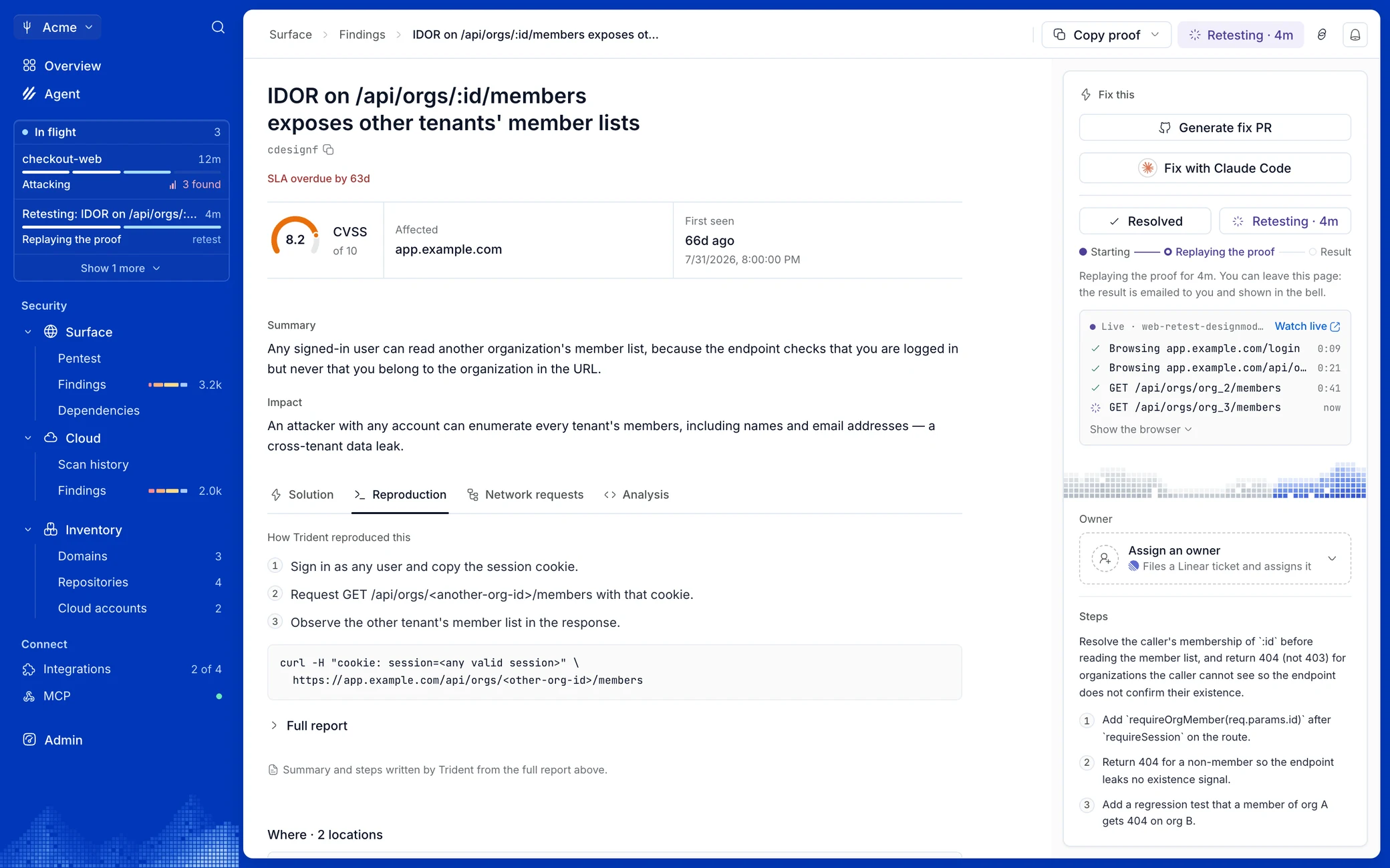 A proven finding in Trident: an IDOR on /api/orgs/:id/members with its CVSS score, how Trident reproduced it, and a live retest replaying the proof