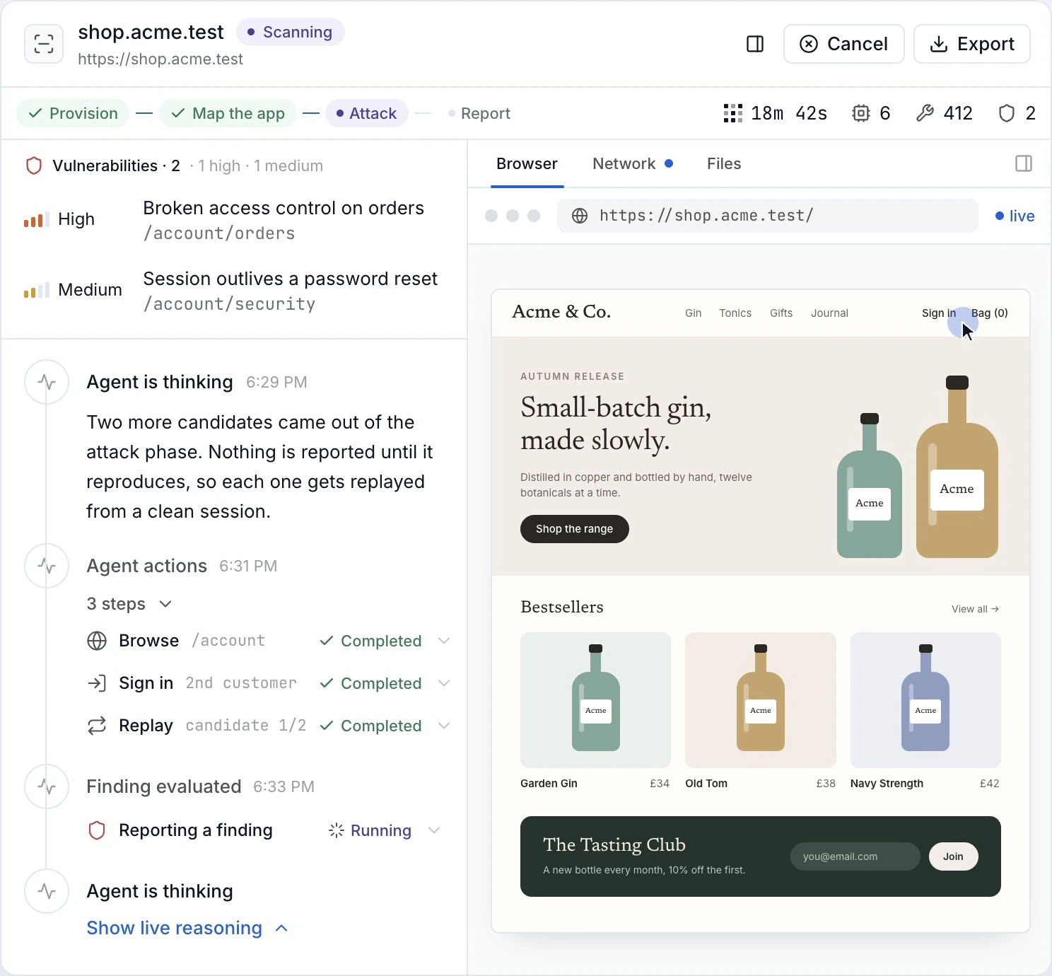 Trident's live scan of shop.acme.test in the Attack phase: two findings so far, the agent replaying each candidate from a clean session before it reports, and the browser it is driving open on the right.