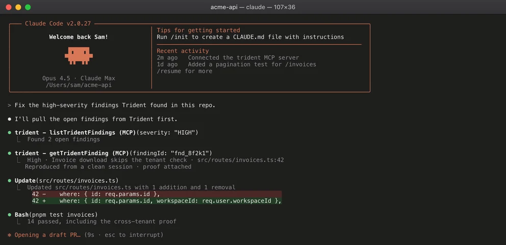 Claude Code running Trident's MCP tools on acme-api