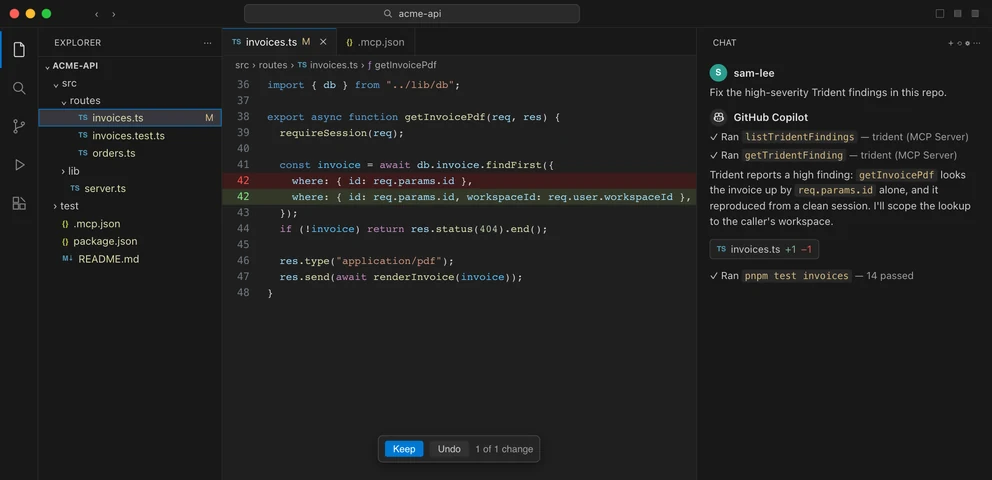 Copilot running Trident's MCP tools on acme-api
