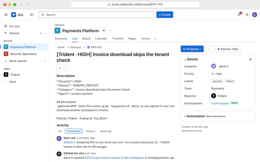 Jira work item filed by Trident: [Trident · HIGH] Invoice download skips the tenant check