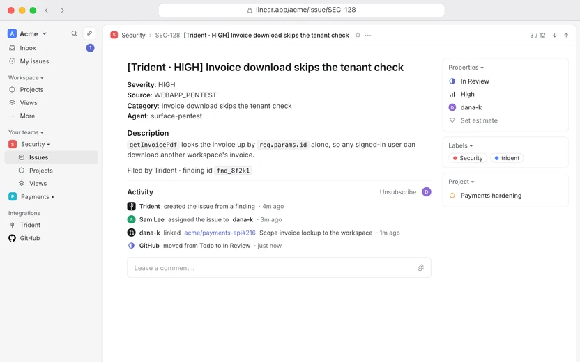 Linear issue filed by Trident: [Trident · HIGH] Invoice download skips the tenant check