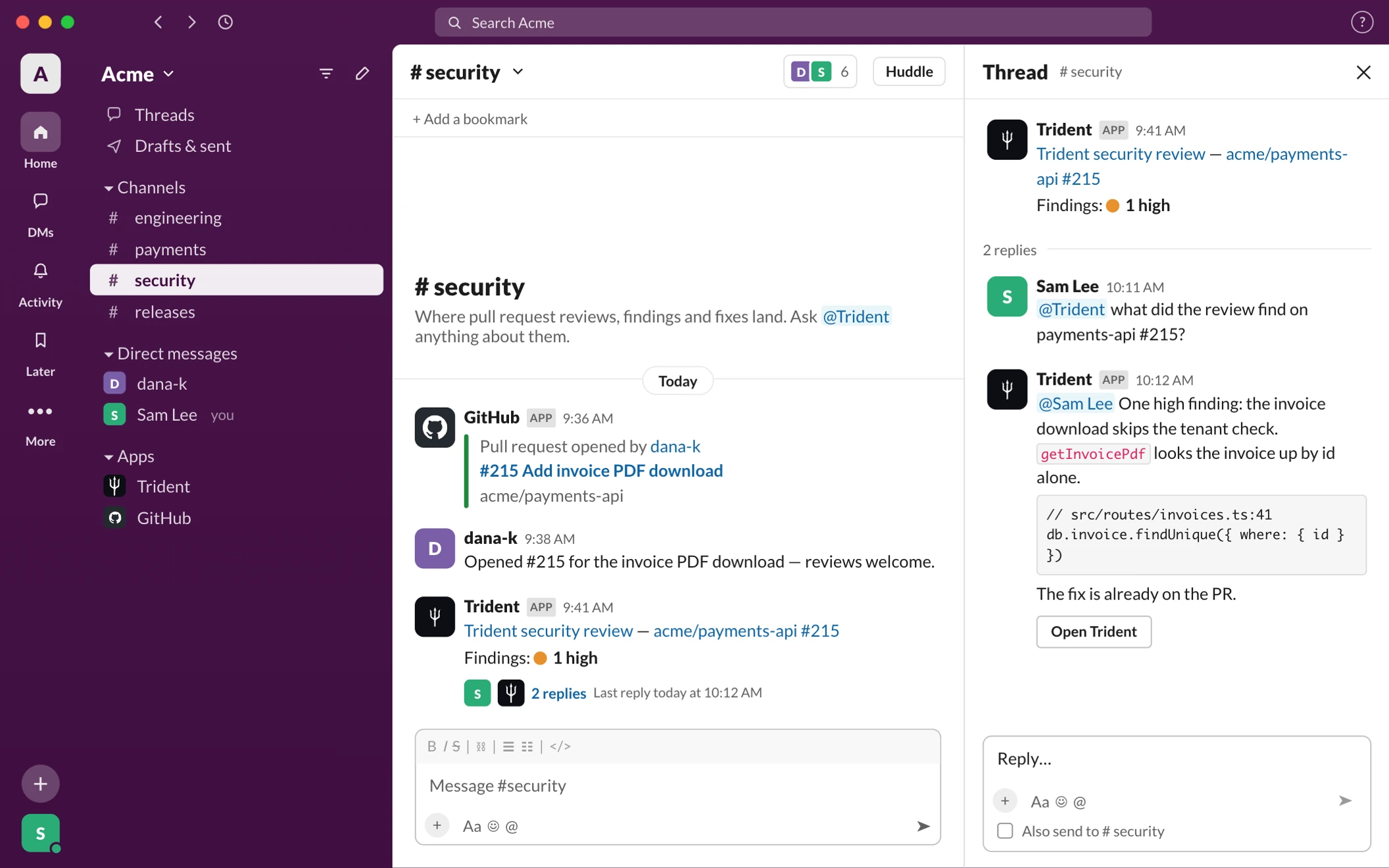 Slack #security: Sam Lee asks @Trident what the review found on payments-api #215, and Trident answers in the thread with the finding, the code and an Open Trident button