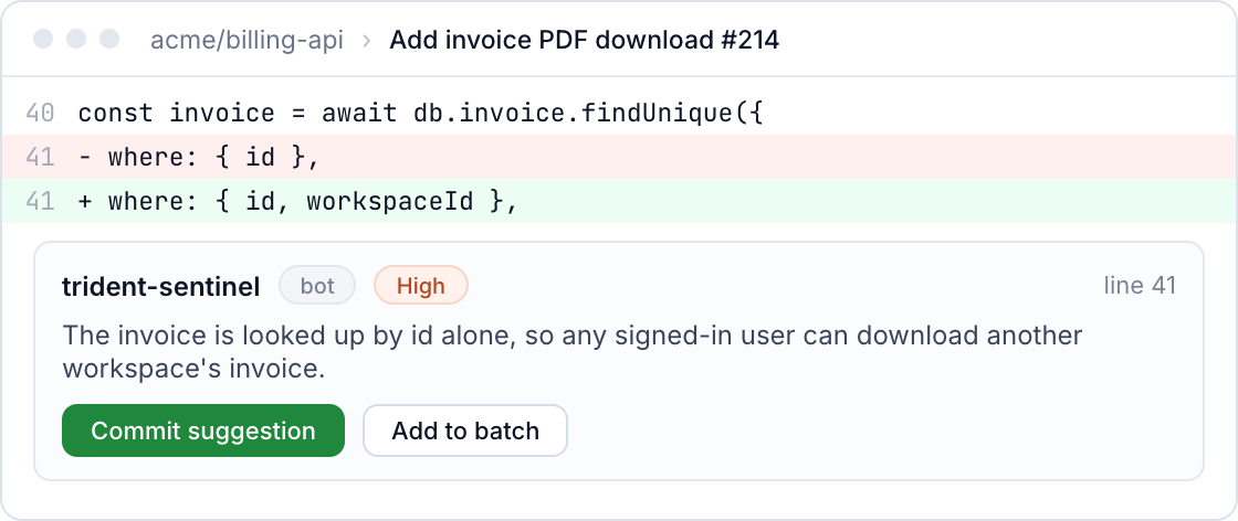 A trident-sentinel review comment on a pull request diff, flagging an invoice lookup by id alone, with a commit suggestion.