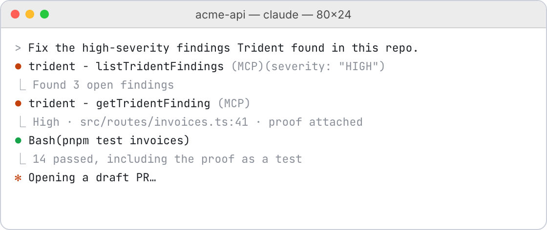 A Claude Code terminal listing high-severity Trident findings over MCP, running the tests and opening a draft PR.