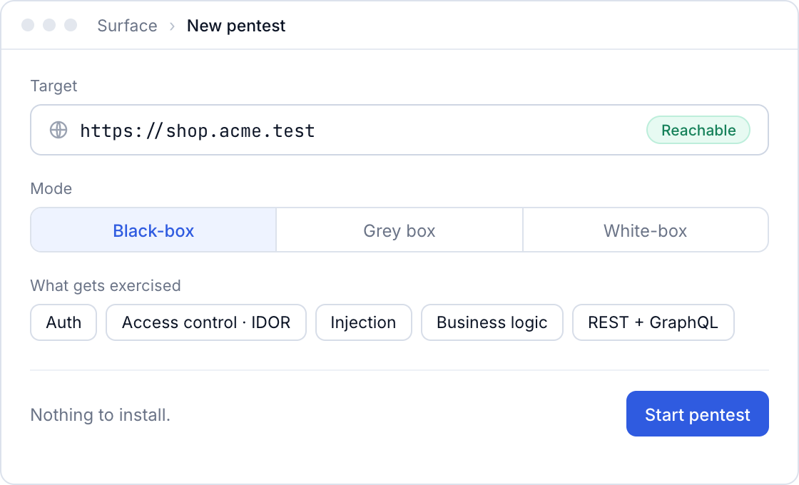 New pentest: target https://shop.acme.test (reachable), mode black-box, exercising auth, access control, injection, business logic and REST + GraphQL.